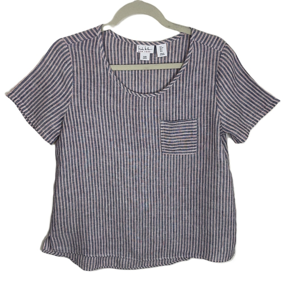 Nicole Miller New York Small Blue Stripe Linen Pocket Tee Short Sleeve